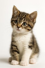Fototapeta premium Adorable tabby kitten with big eyes sitting and looking up with curiosity isolated on white background