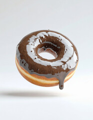 Flying donut with brown chocolate coating on white background. 