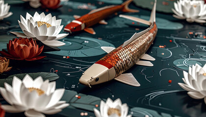 3D Koi fish in vibrant color background, surrounded by lily pads background. 