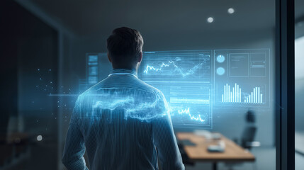 A man viewing financial data visualizations with graphs and charts in an office. Business analysis and digital technology concept.