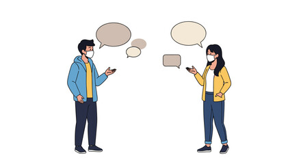 People Wearing Masks Communicating With Speech Bubbles Over White Background