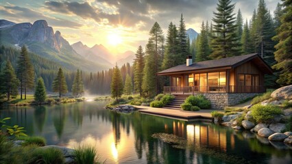 Fototapeta premium Serene Lakeside Cabin Retreat at Golden Hour, Nestled Amongst Majestic Mountains and Lush Evergreen Forest