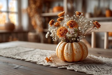 Pumpkin-shaped vase with autumn flowers on rustic table, cozy seasonal decor for fall