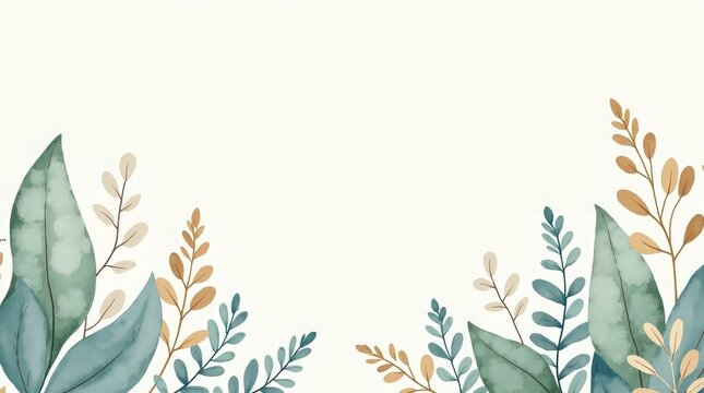 Green and gold leaves border watercolor foliage