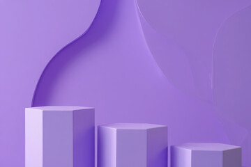 Three hexagonal podiums in ascending order against a soft purple background with flowing wave shapes, symbolizing success and presentation