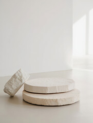Stacked irregular stone platforms and a rough rock piece against a bright white background, offering a natural and minimalist display