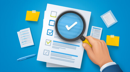 Quality Control: A meticulous inspection of a checklist, with a magnifying glass highlighting the thoroughness and attention to detail required in ensuring accuracy.