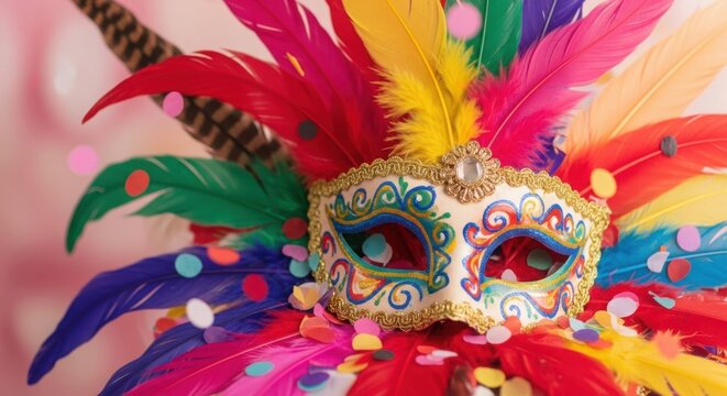 Colorful Masquerade Mask with Feathers and Confetti