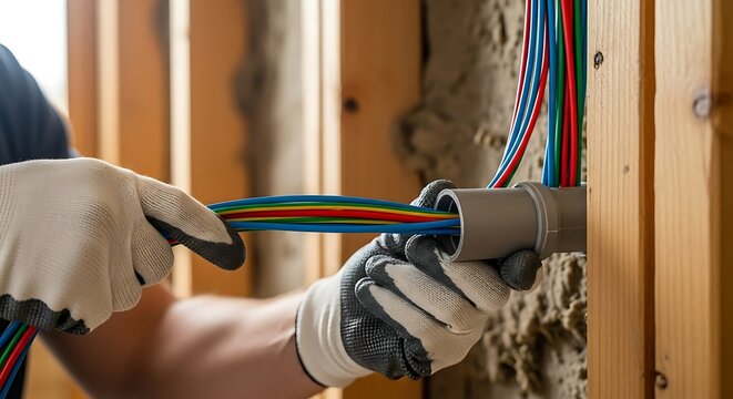 A gloved electrician pulls colorful electrical wires through a conduit in a wooden stud wall during home construction.
