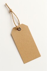 Simple kraft paper price tag with twine string tied through a hole isolated on white background