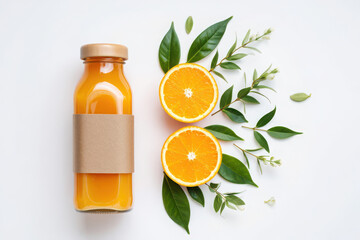 Bottle of fresh orange juice with sliced oranges and green leaves, isolated on white background