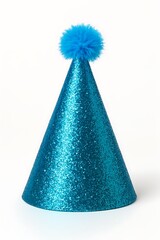 Sparkling teal blue glitter party hat with fluffy pom pom isolated on white background
