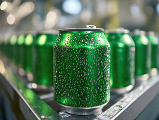 Aluminum green cans of sweet drinks or beer, soda cans in a beverage manufacturing factory. 