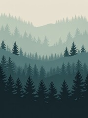 Fototapeta premium Layered Forest Landscape With Stylized Pine Trees