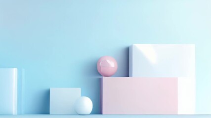 Simple geometric shapes move slowly on a light blue pastel background, creating a minimalist and abstract animation - Powered by Adobe