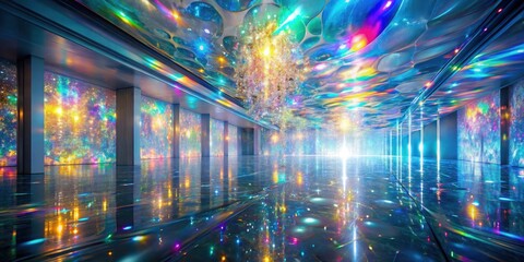 Naklejka premium A Dazzling Hallway with Iridescent Walls and a Celestial Ceiling Featuring a Sparkling Chandelier