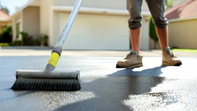 Construction worker applying black bitumen on a driveway