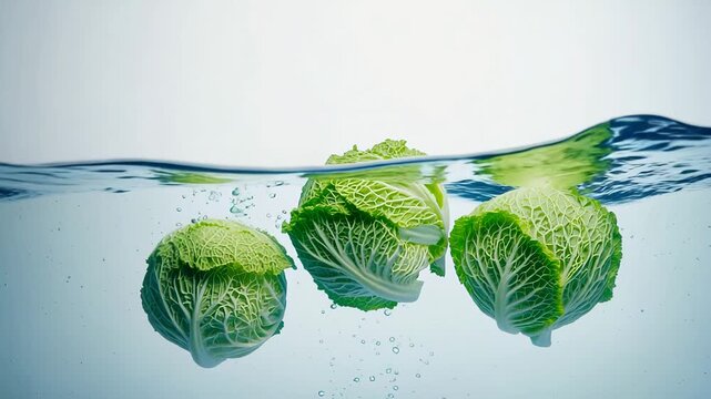 Fresh savoy cabbages floating in clean water, isolated on a white background