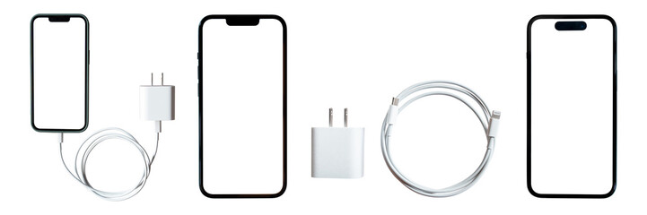 set of smartphone with empty screen and charger isolated on transparent background, PNG File