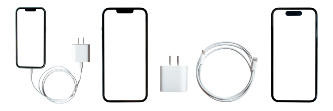 set of smartphone with empty screen and charger isolated on transparent background, PNG File