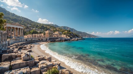Naklejka premium Ancient Greek Ruins and Crystal Blue Sea at the Foot of a Mountain
