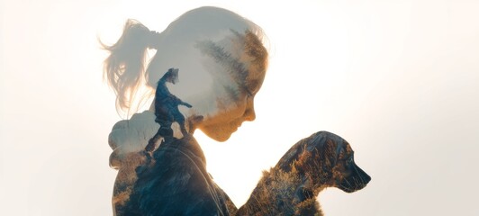Fototapeta premium Double Exposure Silhouette of Girl with Pet Revealing Happy Play and Warm Care Moments, Minimalist Design