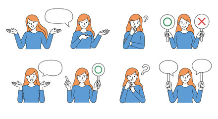 Illustrations of a woman expressing confusion doubt and making decisions