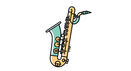 An artistic rendering of a saxophone with a pastel green bell and golden body showcasing intricate keys and tubing details