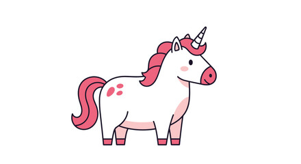 Chubby cute unicorn illustration with pink mane and tail dancing joyfully
