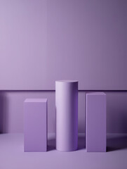 Three abstract geometric pedestals in varying heights against a soft purple background, perfect for product display
