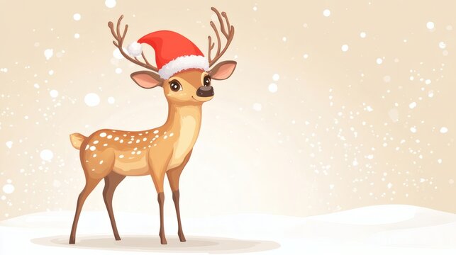 Cute deer wearing a santa hat in winter scene. - Powered by Adobe