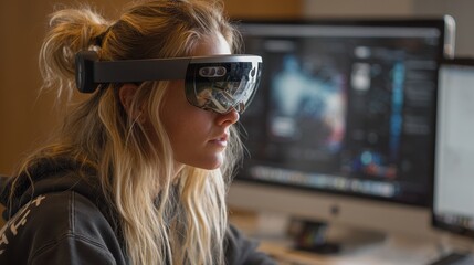High-tech workplace with female engineer using smart headset, surrounded by innovative equipment and sleek, futuristic design
