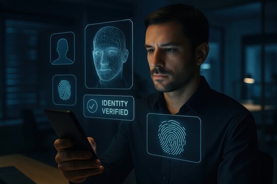 User verifying digital identity using biometric scan and facial recognition with secure authentication interface
