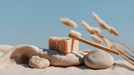 Eco-Friendly Self-Care: A close-up shot showcases a selection of sustainable personal care items, emphasizing a commitment to both personal well-being and environmental preservation. 