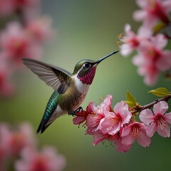Captivating Moment: Hummingbird Feeds on Pink Blooms