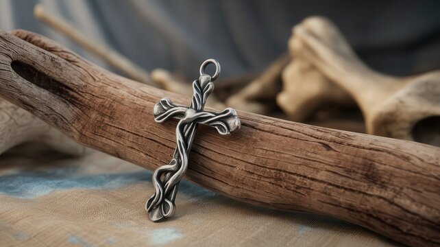 Rustic Silver Cross Pendant Resting on Weathered Wood Branch Still Life