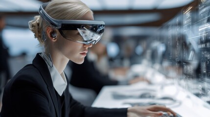 Next-gen innovation workspace with woman interacting through smart headset and advanced tech at a streamlined, futuristic desk setup