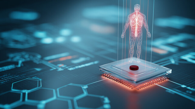 Futuristic medical lab scene with holographic human figure and advanced technology, showcasing graphene based chip. atmosphere is innovative and high tech