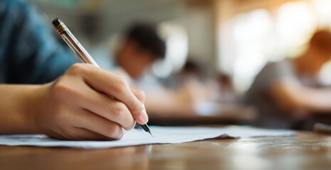Close-up of a hand holding a pen and paper, doing an exam in school, writing something. Blurred background. The student is sitting at their desk, taking a mental test for a final-year class.