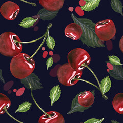 Rich seamless pattern with hand-painted watercolor illustration of ripe cherries and green leaves on dark background. Lush and natural design for textiles or decor.