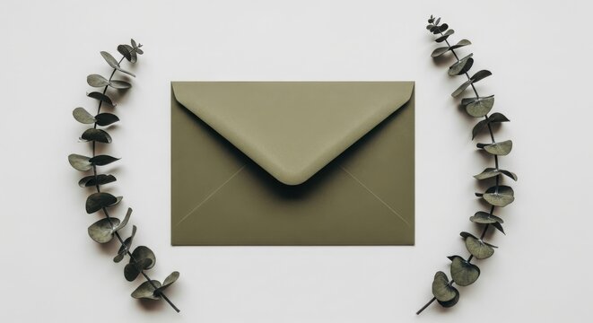 Olive green envelope with eucalyptus branches on white background