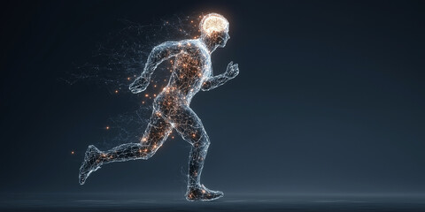 Digital illustration of human figure running, with neural pathways lighting up in brain, symbolizing connection between physical exercise and mental activity