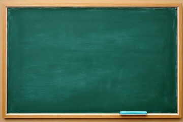 Classic green chalkboard in a wooden frame against a bright white backdrop. Close-up of a blank blackboard. Horizontal black board or wall texture background. School Chalk black board with blue eraser