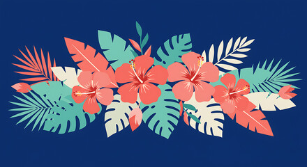 Obraz premium Tropical Floral Border Illustration with Hibiscus and Exotic Leaves
