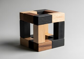 Interlocking Wooden Blocks Forming a Hollow Cube Sculpture Art