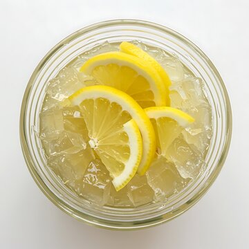 aiyu jelly with lemon slices in glass jar, top view ,isolated on white background