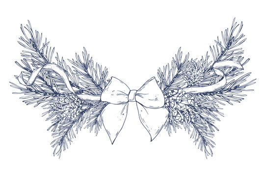 Hand drawn line art illustration of a pine garland with branches and pine cones, tied with a festive ribbon and bow, perfect for seasonal decor, holiday borders or winter-themed holiday arrangements.