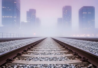 Urban Railroad Disappearing into Mist Surreal Cityscape Backdrop