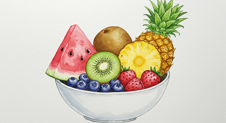 水彩で描かれたカラフルな季節のフルーツボウル