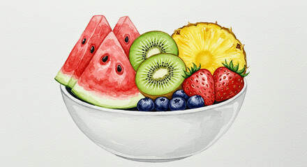 水彩で描かれたカラフルな季節のフルーツボウル